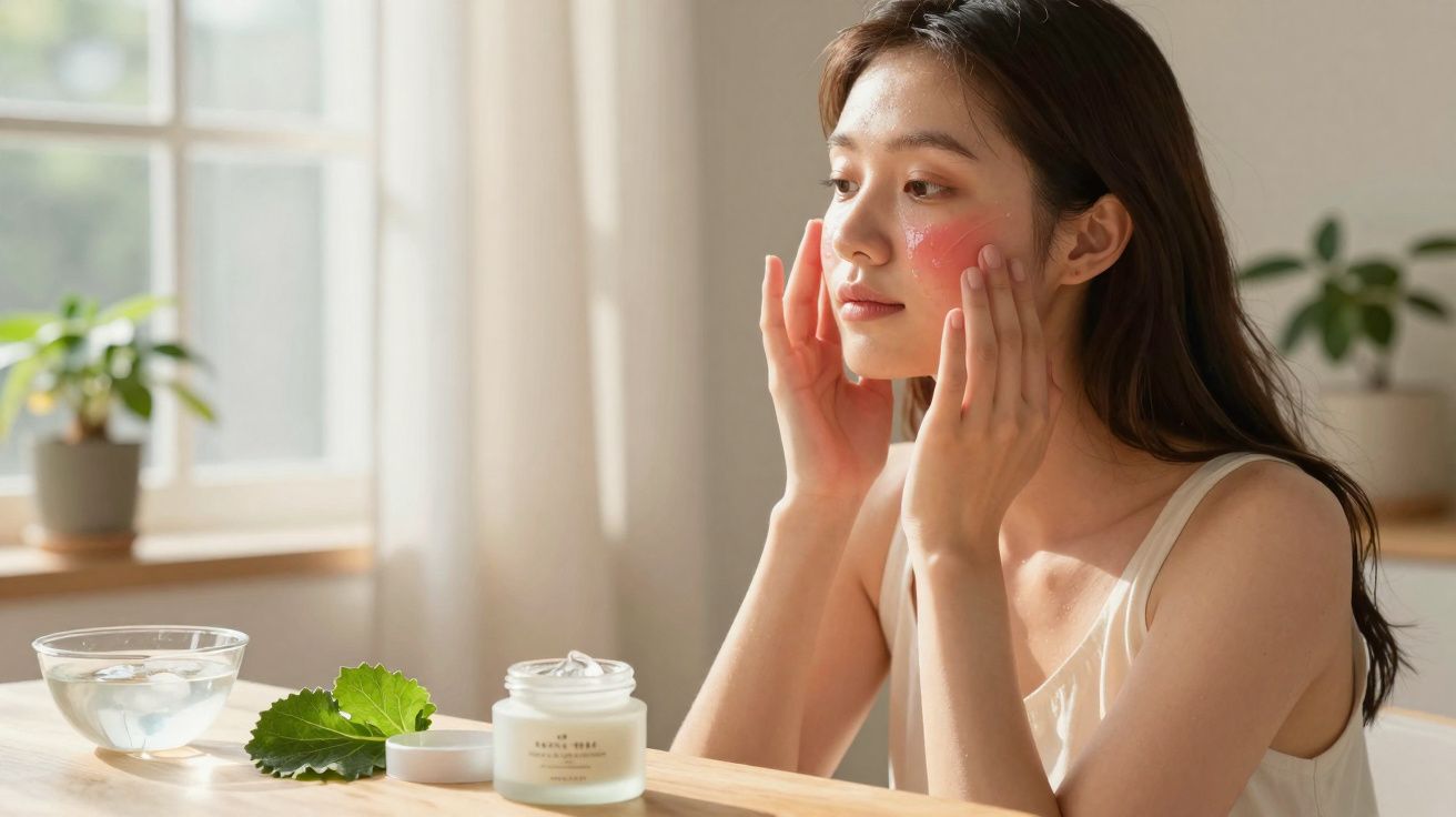 Mulher aplicando creme facial em ambiente iluminado com planta e pote de creme sobre a mesa.