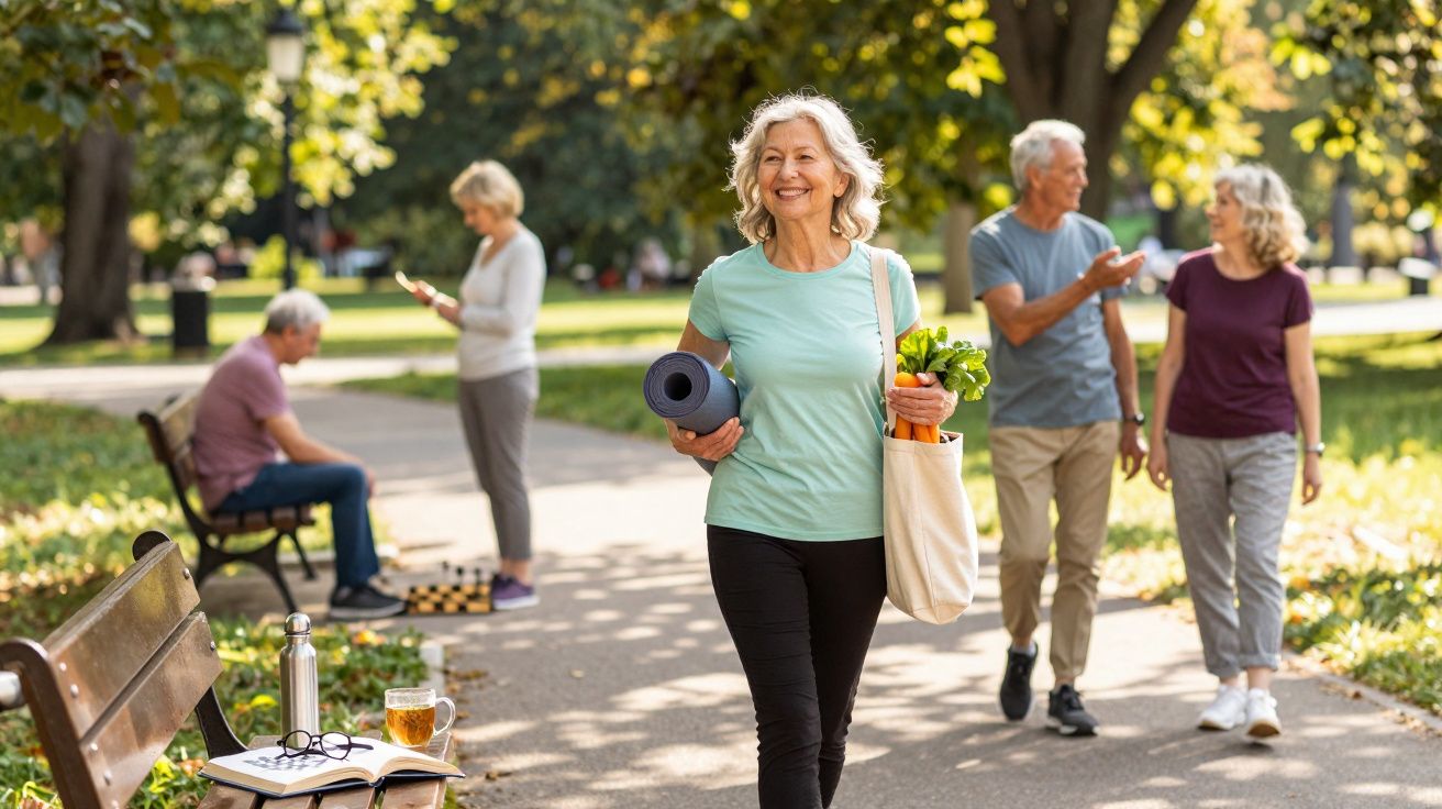 Mulher idosa sorridente caminhando no parque com tapete de ioga e sacola de compras sustentáveis.