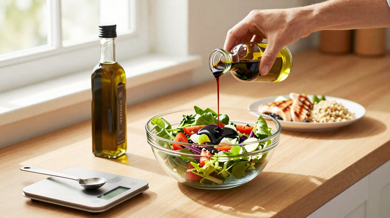 Pessoa despejando vinagre balsâmico em salada fresca em tigela de vidro sobre bancada de cozinha iluminada.