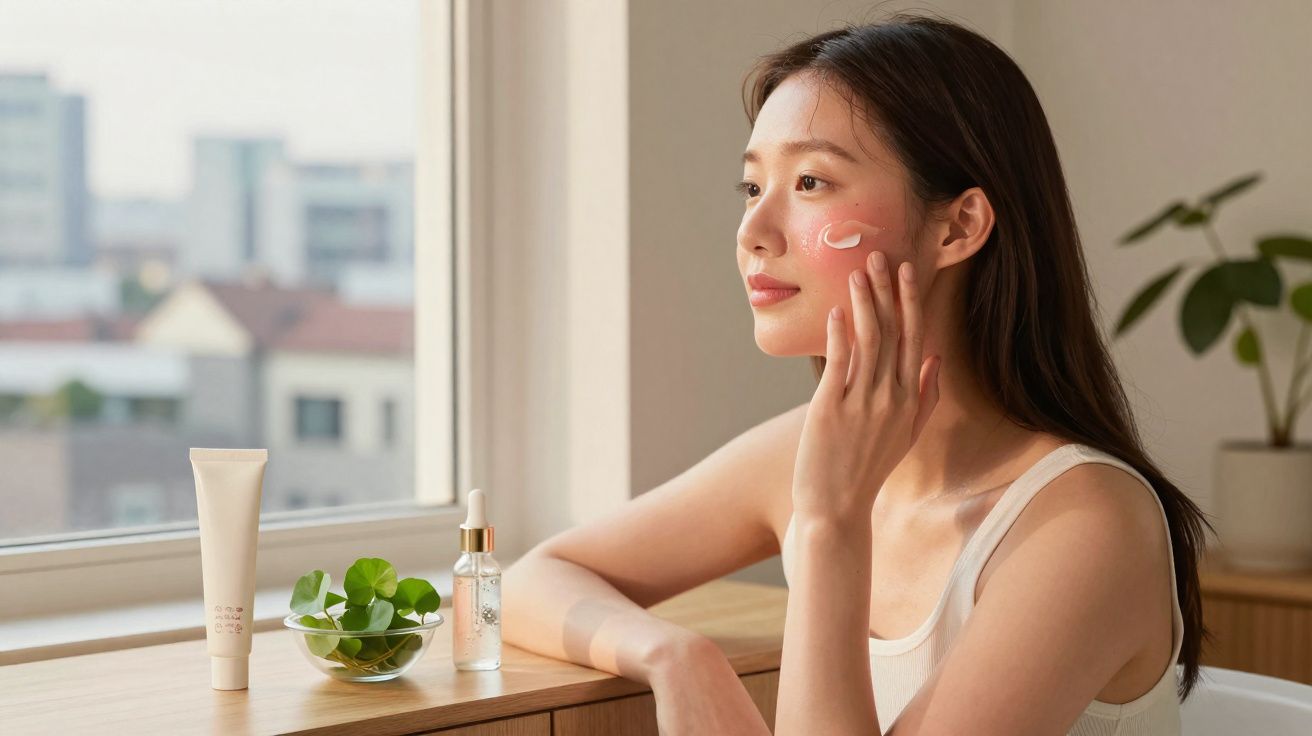 Mulher aplica creme facial no rosto sentada perto da janela com produtos de cuidados da pele à sua frente.