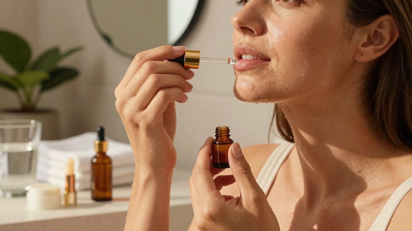 Mulher aplicando sérum facial com conta-gotas, foco no rosto e mãos, ambiente de cuidados com a pele.