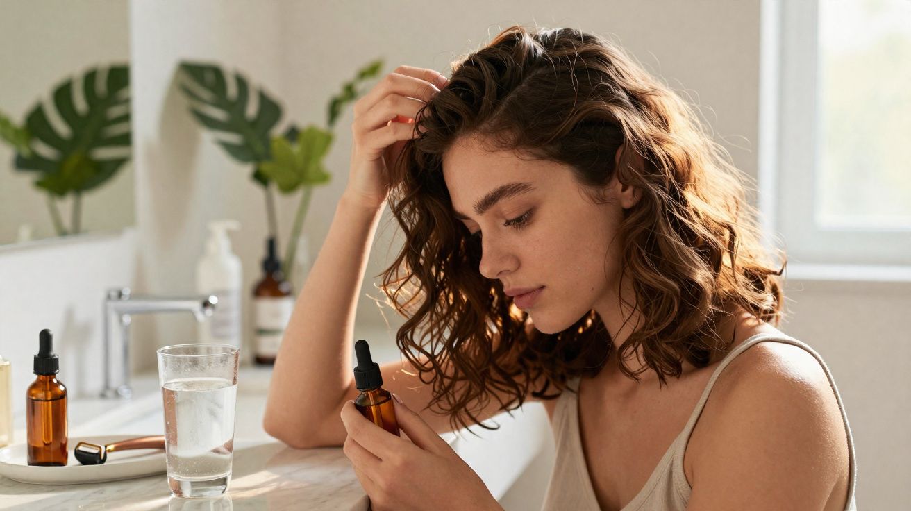 Mulher com cabelo cacheado segurando frasco de vidro âmbar em banheiro iluminado naturalmente.