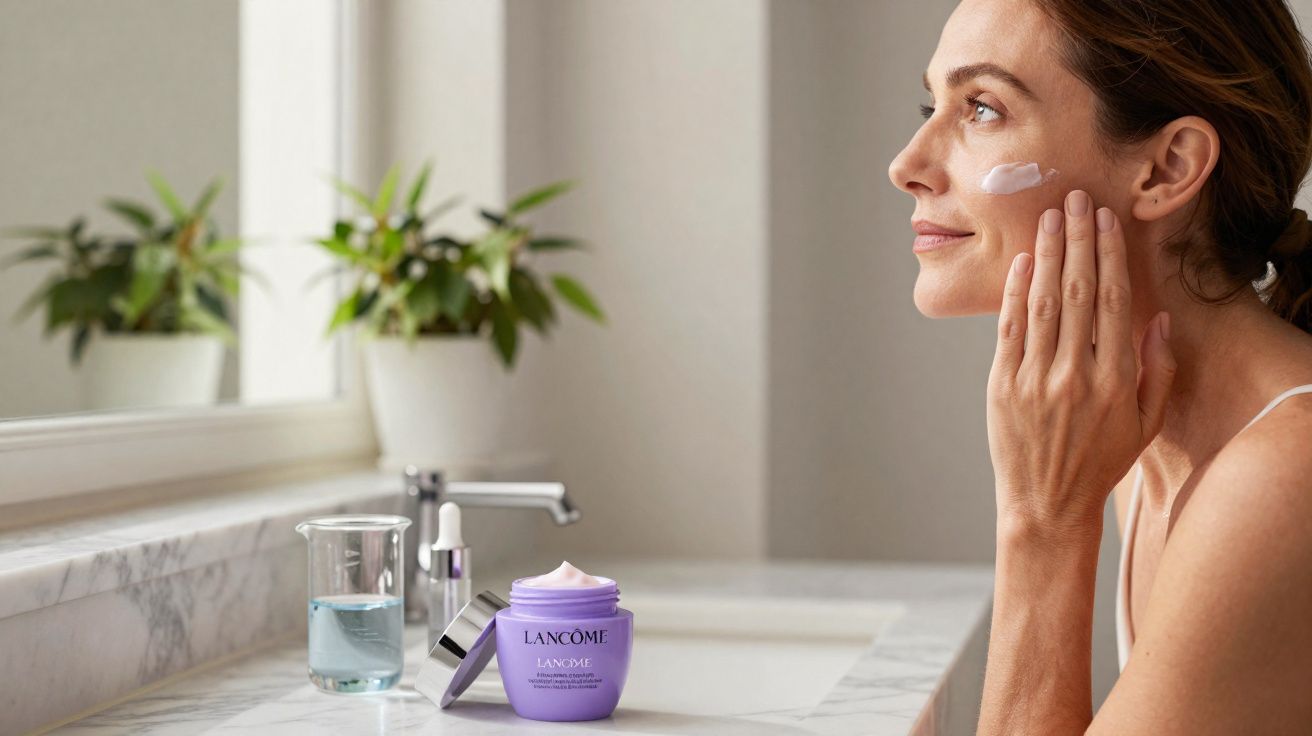 Mulher aplica creme facial Lancôme em ambiente claro e minimalista, com plantas no fundo.