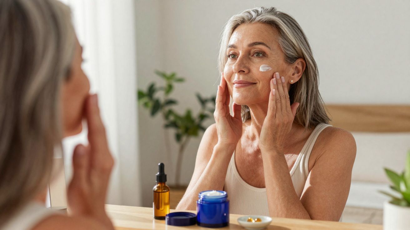 Mulher madura aplicando creme facial em frente ao espelho em ambiente iluminado e aconchegante.