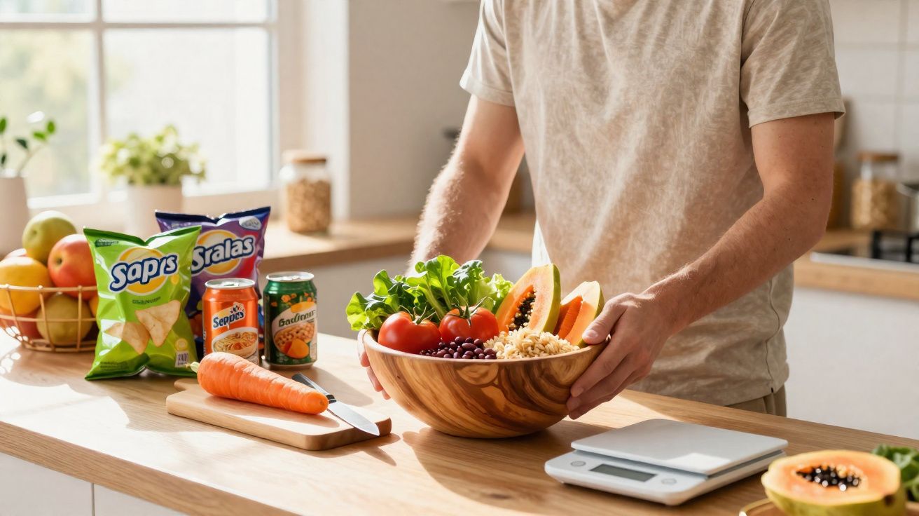 Pessoa preparando salada com legumes frescos em tigela de madeira em cozinha iluminada e moderna.