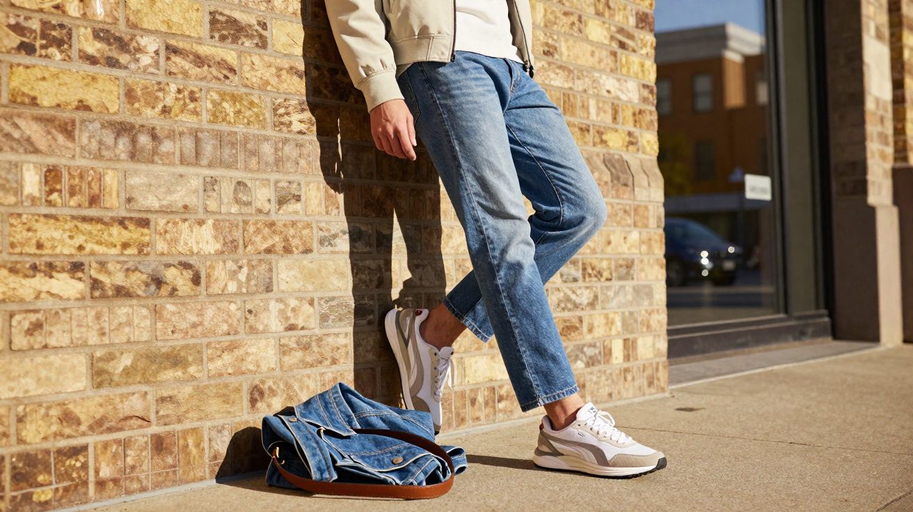 Pessoa encostada em parede de tijolos com jaqueta jeans no chão, usando tênis branco e jeans azul.