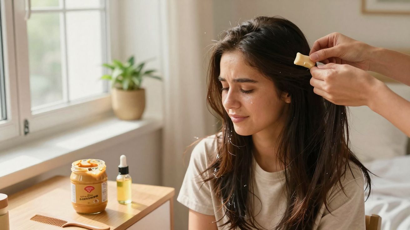 Mulher sentada recebendo tratamento de caspa no couro cabeludo com produtos naturais em ambiente claro.