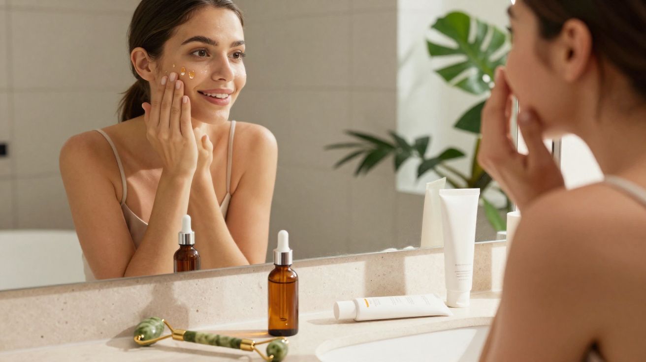 Mulher aplicando creme facial enquanto se olha no espelho do banheiro, ao lado de produtos de skincare.