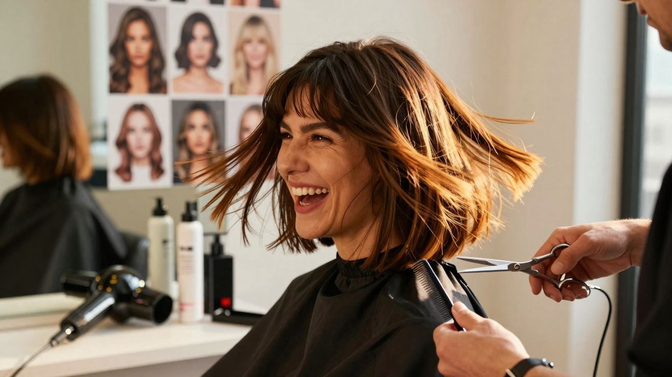 Mulher sorridente recebendo corte de cabelo em salão, com secador e fotos de penteados ao fundo.