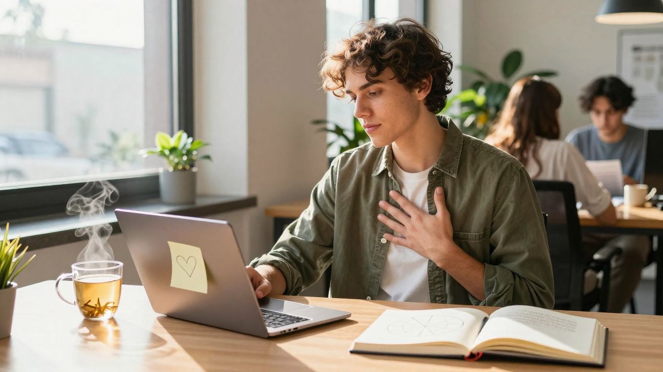Jovem sentado em mesa de estudo com notebook, livro aberto e xícara de chá com vapor, dentro de ambiente iluminado.
