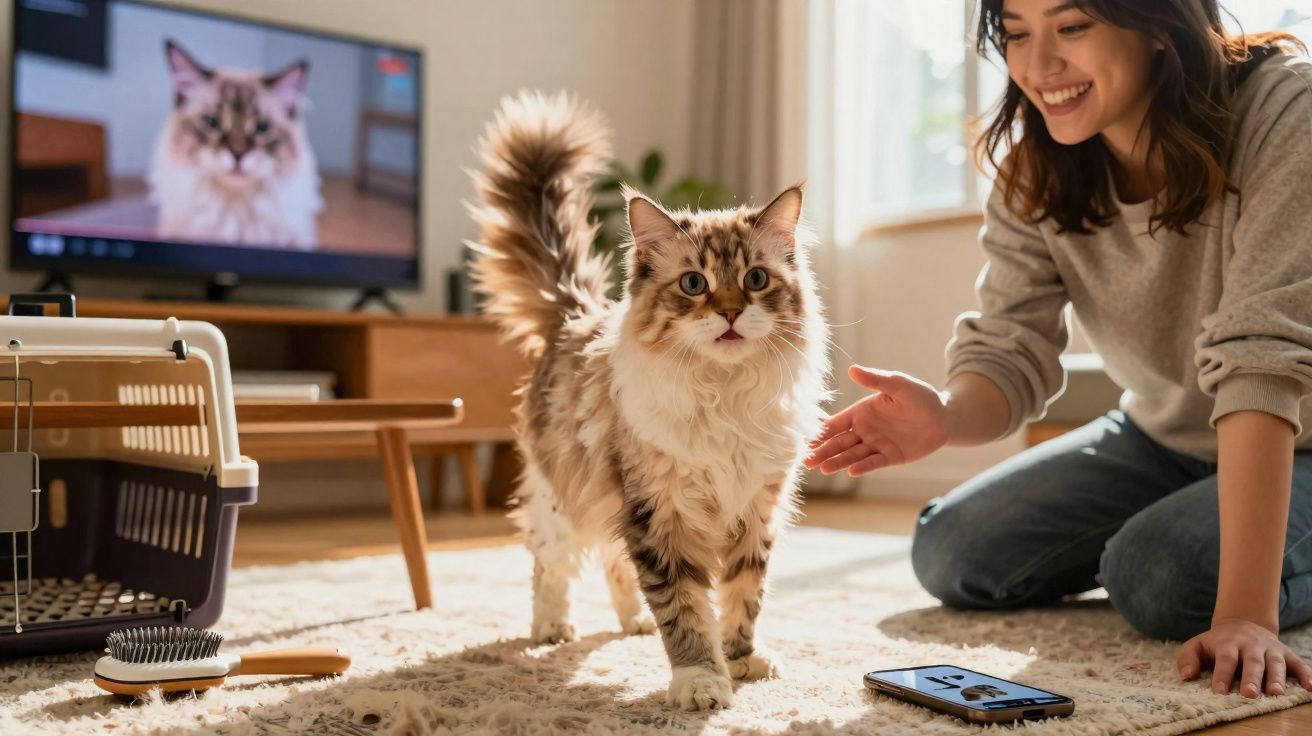 Mulher sorrindo interage com gato felpudo em sala iluminada, com televisão, escova e caixa de transporte ao fundo.