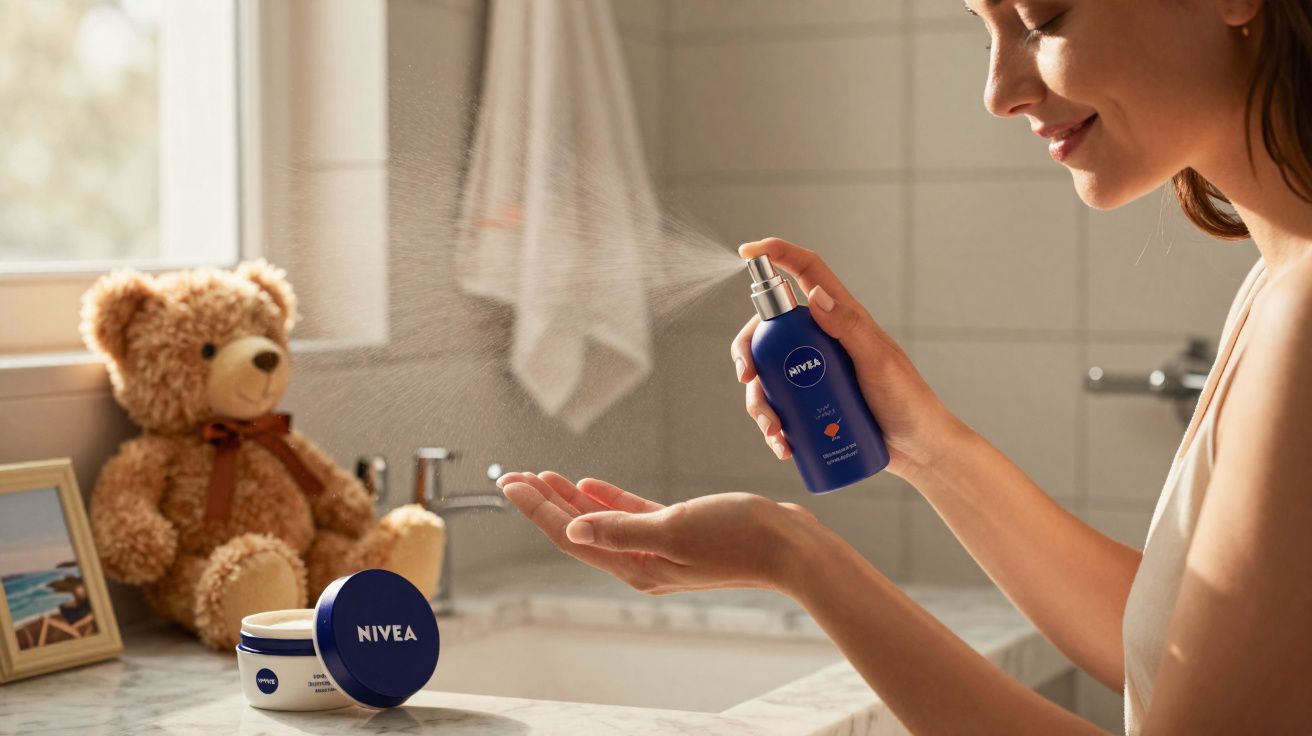 Mulher aplicando spray hidratante Nivea nas mãos em banheiro com ursinho de pelúcia ao fundo.