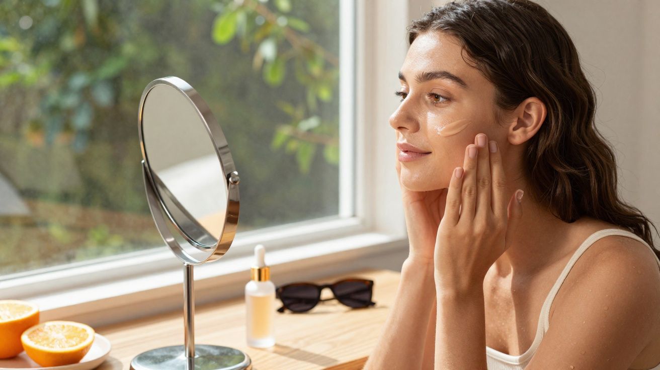 Mulher aplicando creme no rosto em frente a espelho na bancada próxima à janela iluminada.