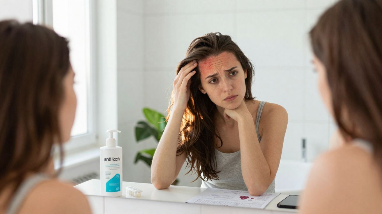Mulher com pele vermelha e irritada na testa, olhando preocupada para o espelho no banheiro.