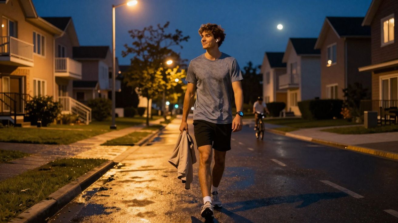 Homem jovem caminhando à noite em rua residencial iluminada pelo luar e postes de luz.