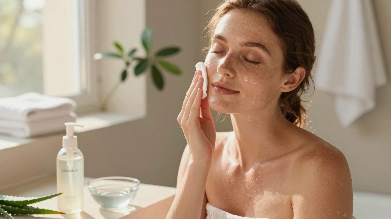 Mulher aplicando loção facial com algodão em banheiro iluminado, com plantas e toalhas ao fundo.