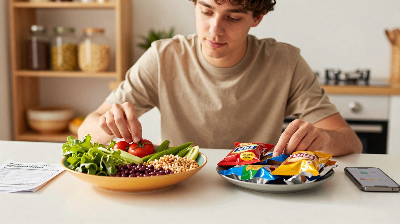 Homem escolhendo entre prato com alimentos saudáveis e prato com salgadinhos em cozinha moderna.