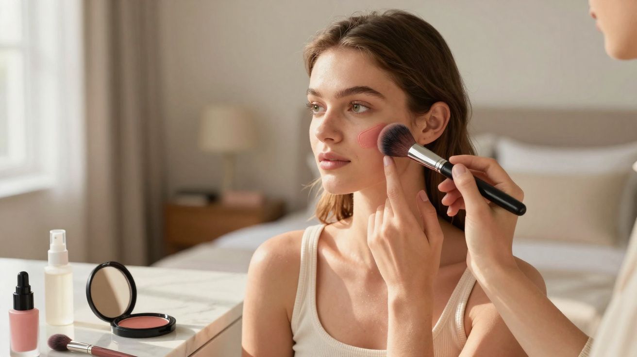 Mulher recebendo aplicação de blush rosa no rosto com pincel em ambiente claro e confortável.