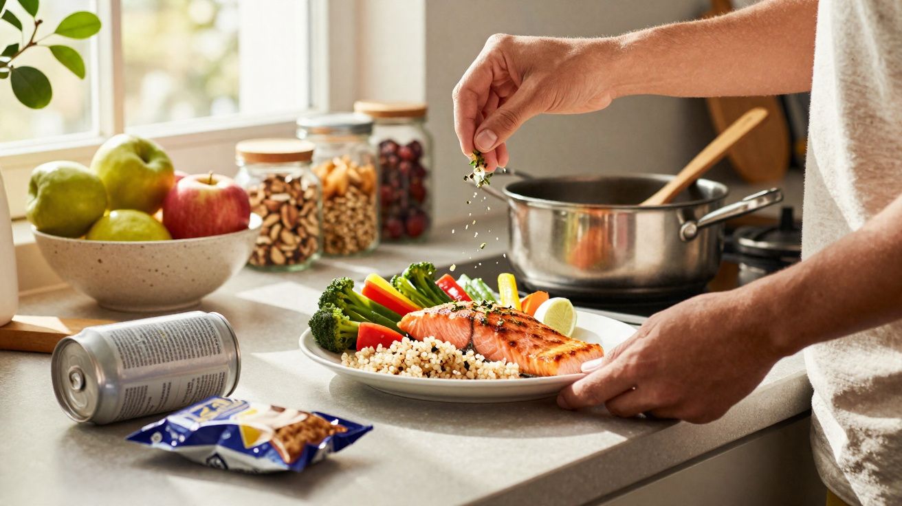 Pessoa temperando prato com salmão, arroz, brócolis e legumes na cozinha iluminada pela janela.