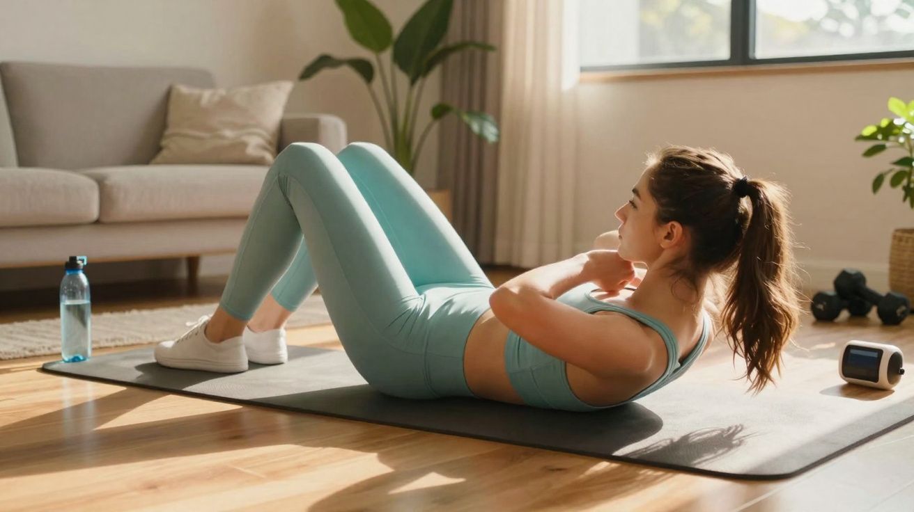 Mulher jovem fazendo abdominal no tapete de yoga em sala iluminada com plantas e halteres ao fundo.