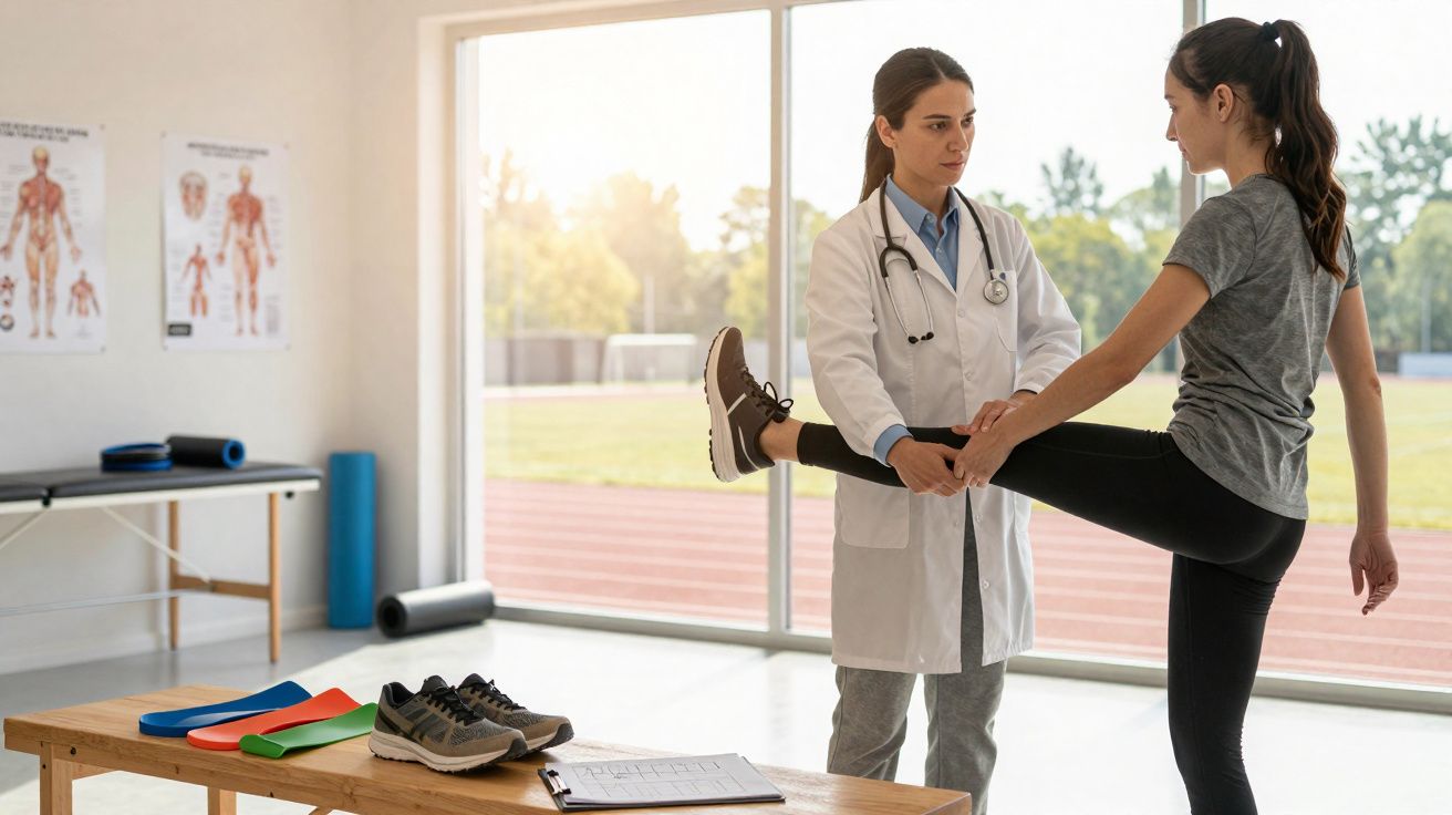 Médica avaliando alongamento da perna de uma paciente jovem em clínica com equipamentos físicos.