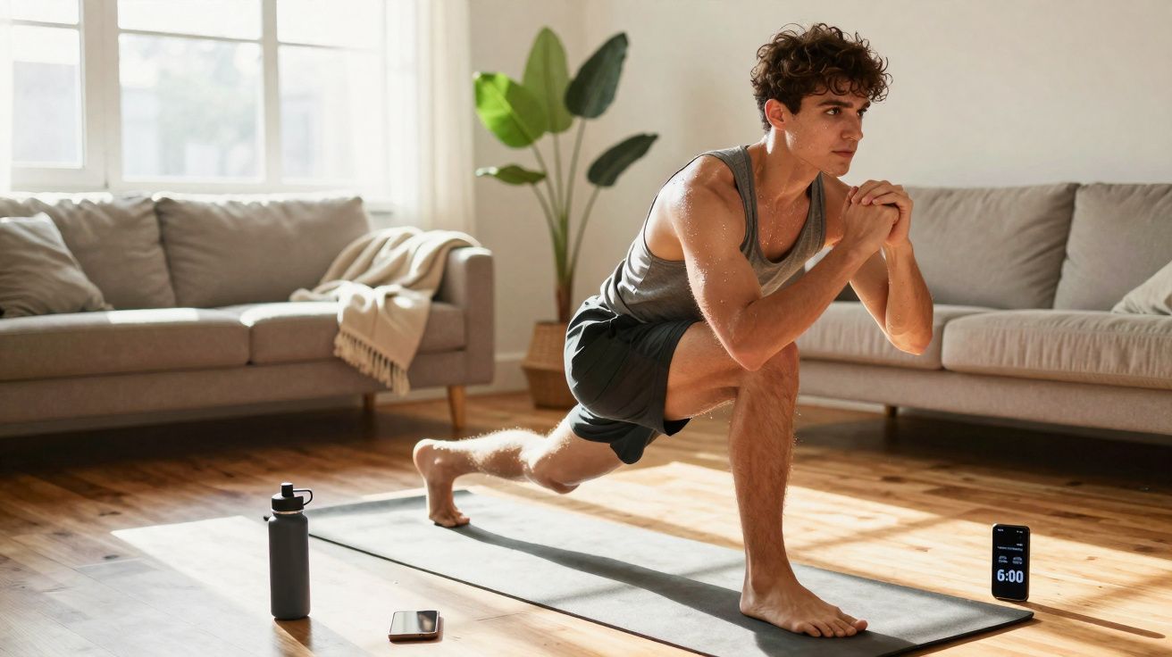 Jovem fazendo exercício de alongamento no tapete da sala, com garrafa e celular próximos no chão.