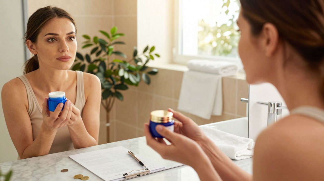Mulher olhando no espelho segurando pote azul de creme em banheiro iluminado e organizado.