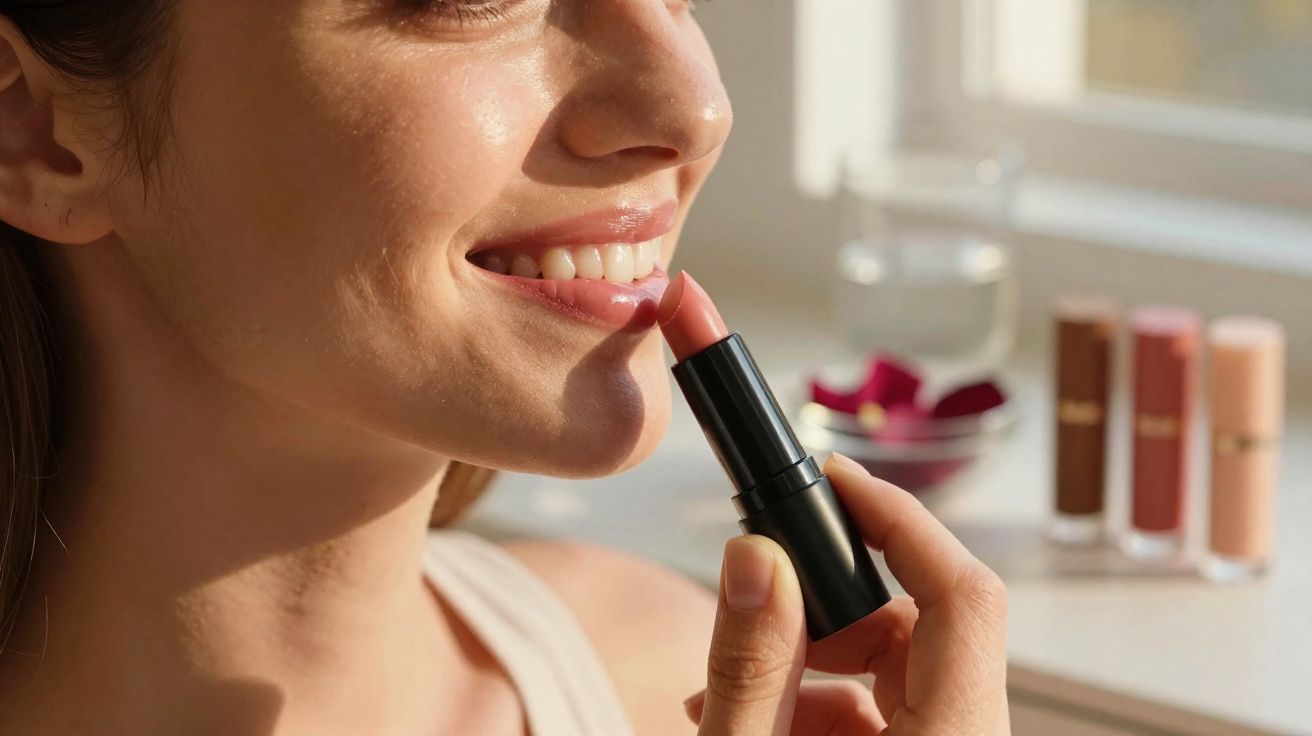 Mulher sorrindo aplicando batom nude com frascos de maquiagem desfocados ao fundo.