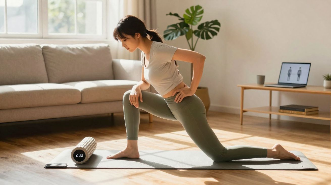 Mulher fazendo alongamento em tapete de yoga na sala iluminada com rolo de espuma e laptop.