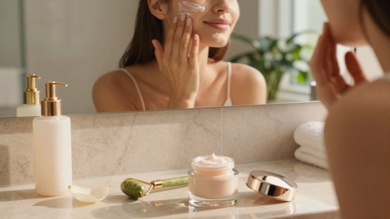 Mulher aplicando creme facial no rosto em frente ao espelho com produtos de skincare na bancada.