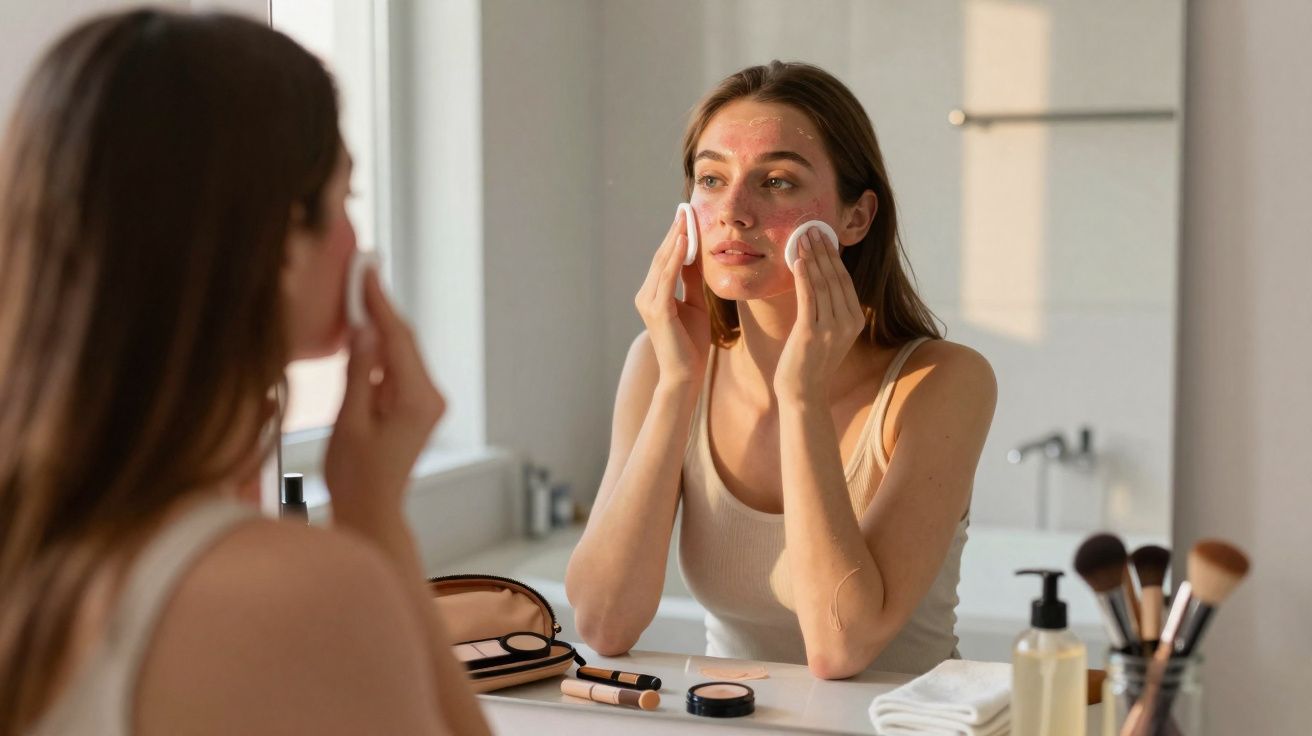 Mulher aplicando produto de skincare no rosto em frente ao espelho no banheiro durante o dia.