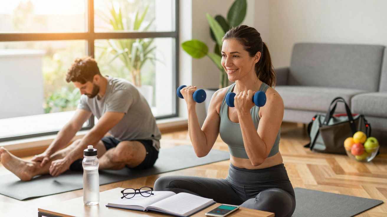Mulher sorridente fazendo exercícios com halteres, homem ao fundo alongando, em sala com plantas e luz natural.