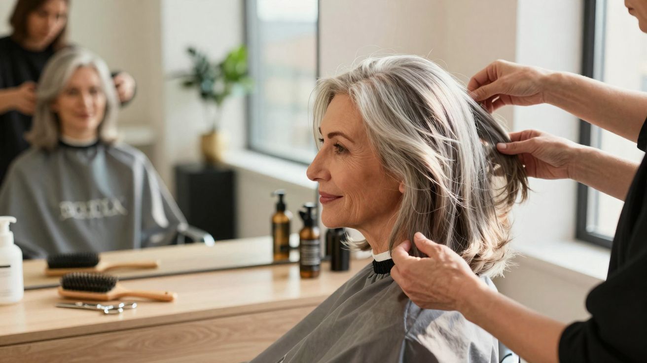 Mulher sorridente com cabelo grisalho sendo penteada em salão de beleza moderno com luz natural.