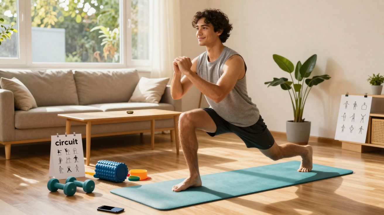 Jovem faz exercício de alongamento em tapete na sala iluminada, com materiais e instruções ao redor.