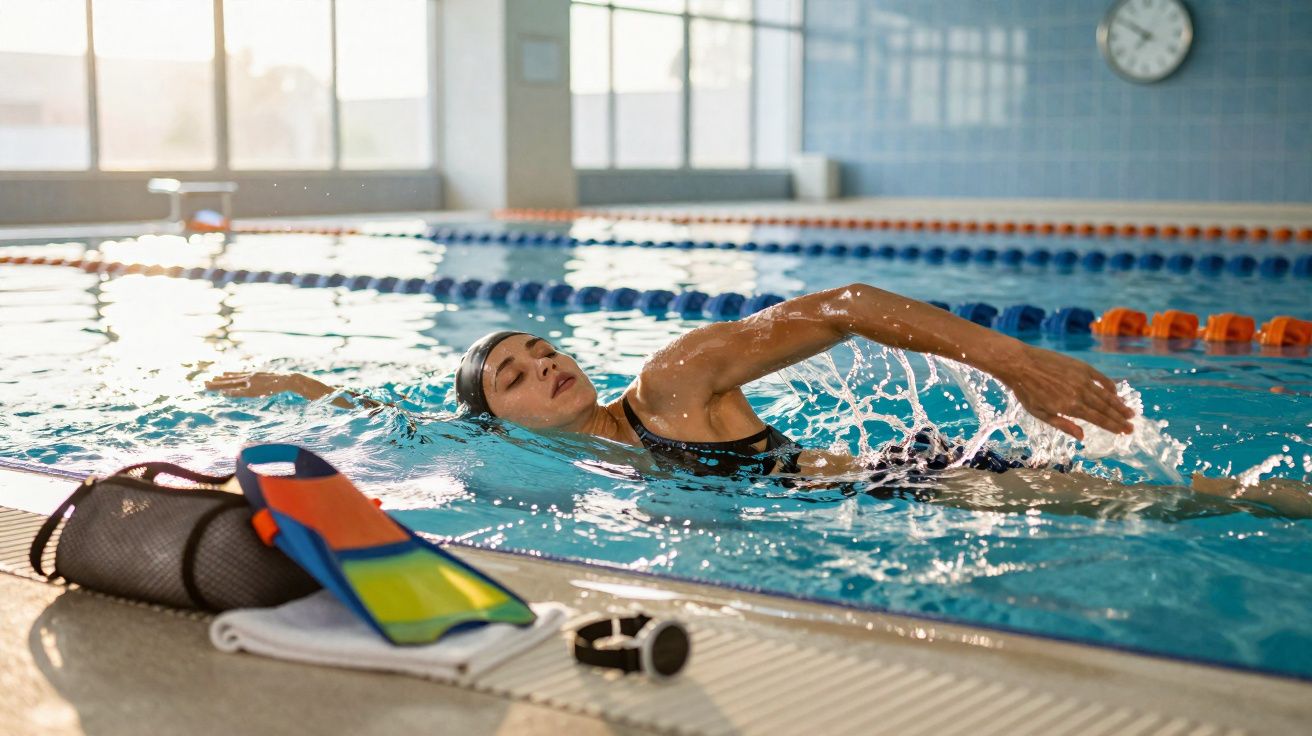 Mulher nadando em piscina olímpica interna com touca e óculos de natação durante treino.