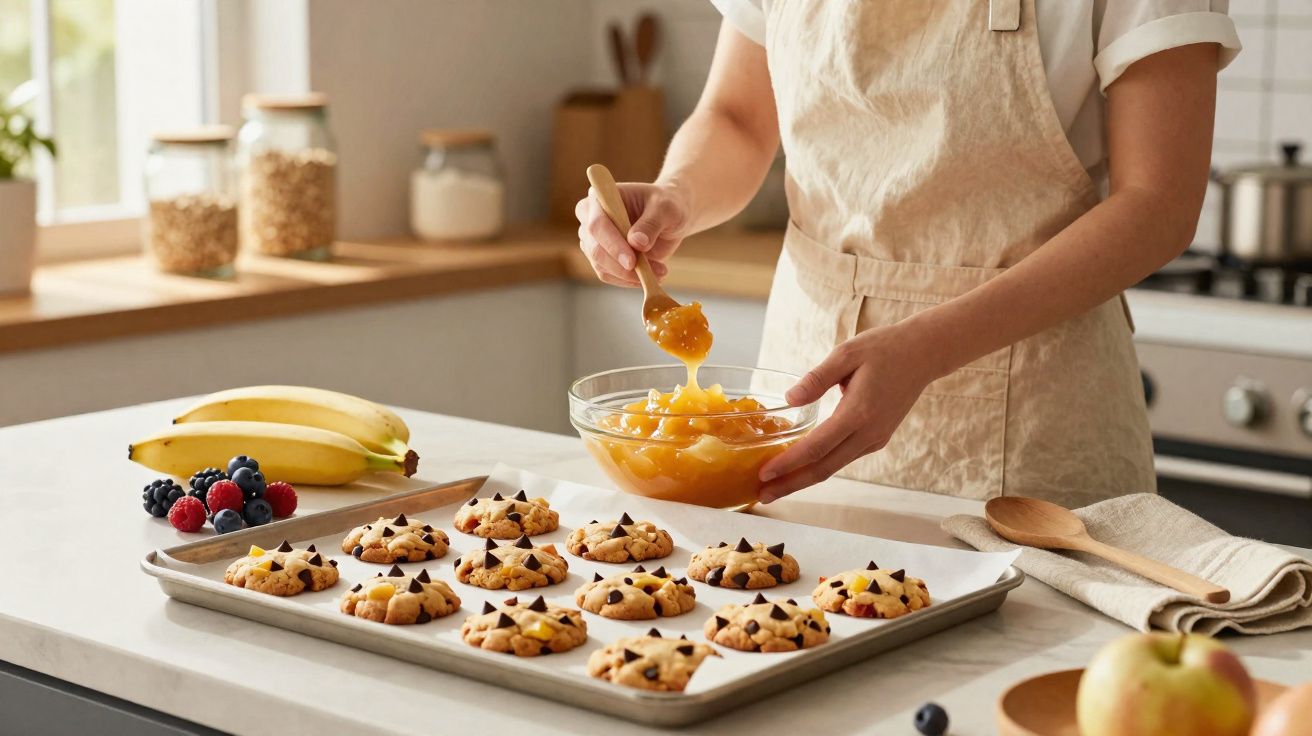 Pessoa preparando geleia para cookies com gotas de chocolate em cozinha iluminada e frutas na bancada.