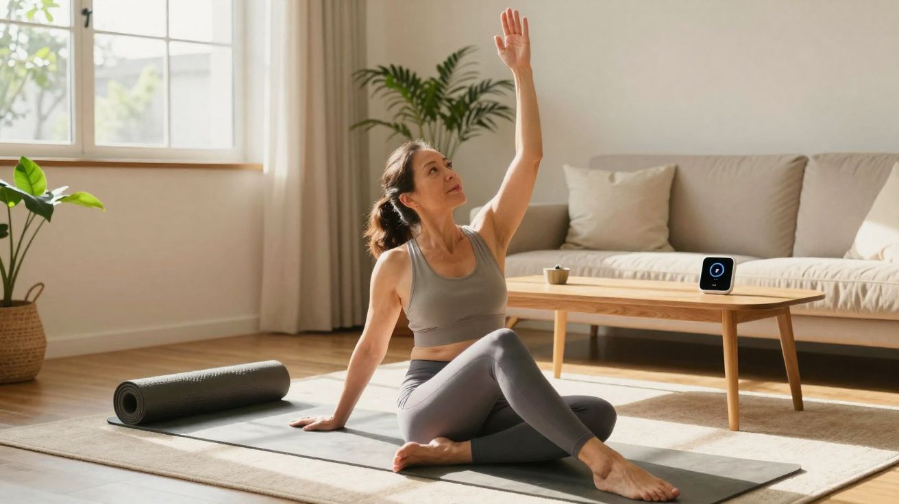Mulher em roupa de ginástica fazendo alongamento sentado no tapete em sala iluminada pela janela.