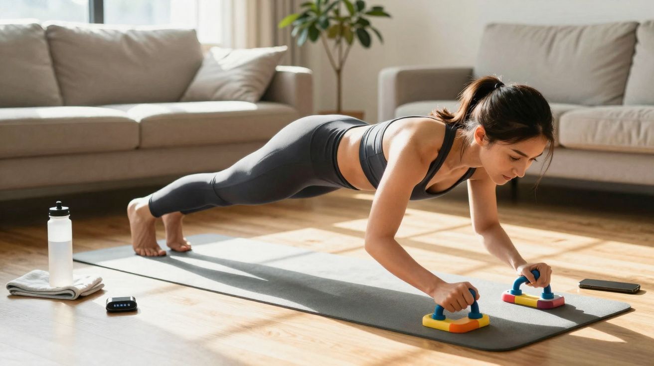 Mulher fazendo flexão com apoios coloridos em tapete de exercício na sala iluminada.