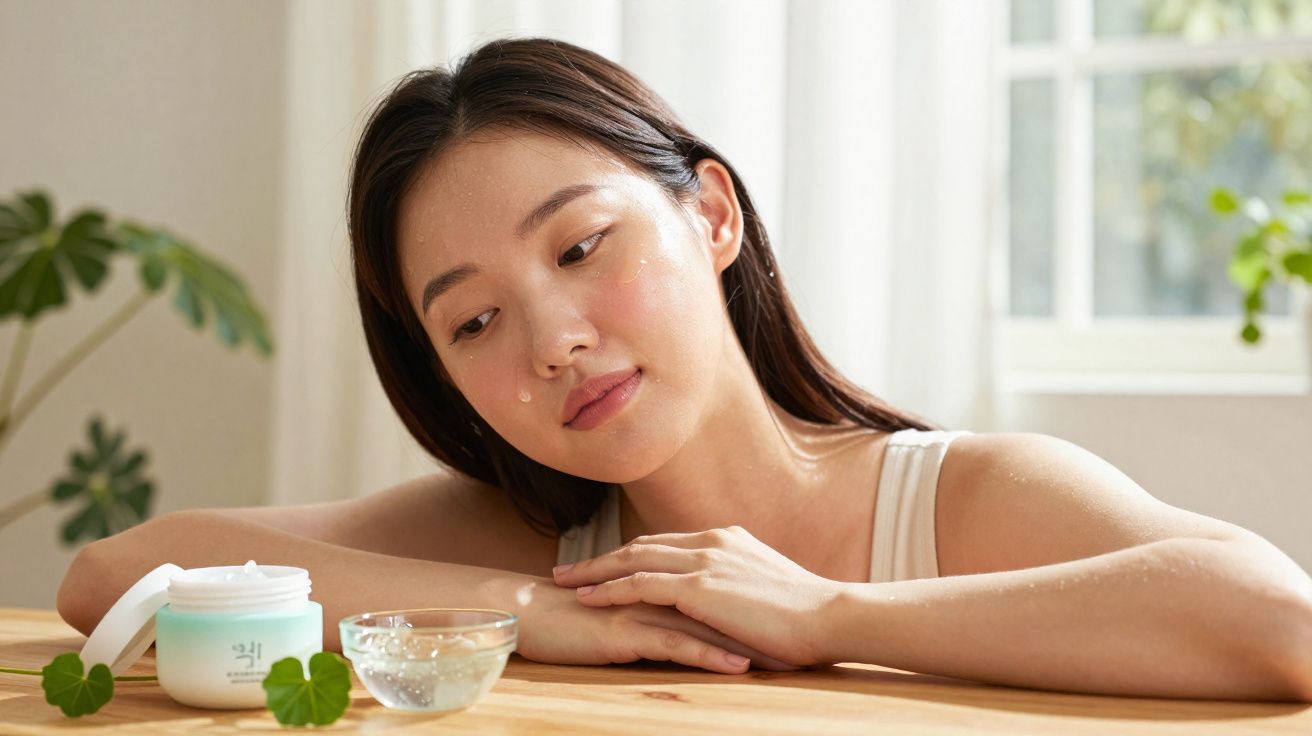Mulher aplicando creme hidratante e sérum facial sentada à mesa com plantas ao fundo.