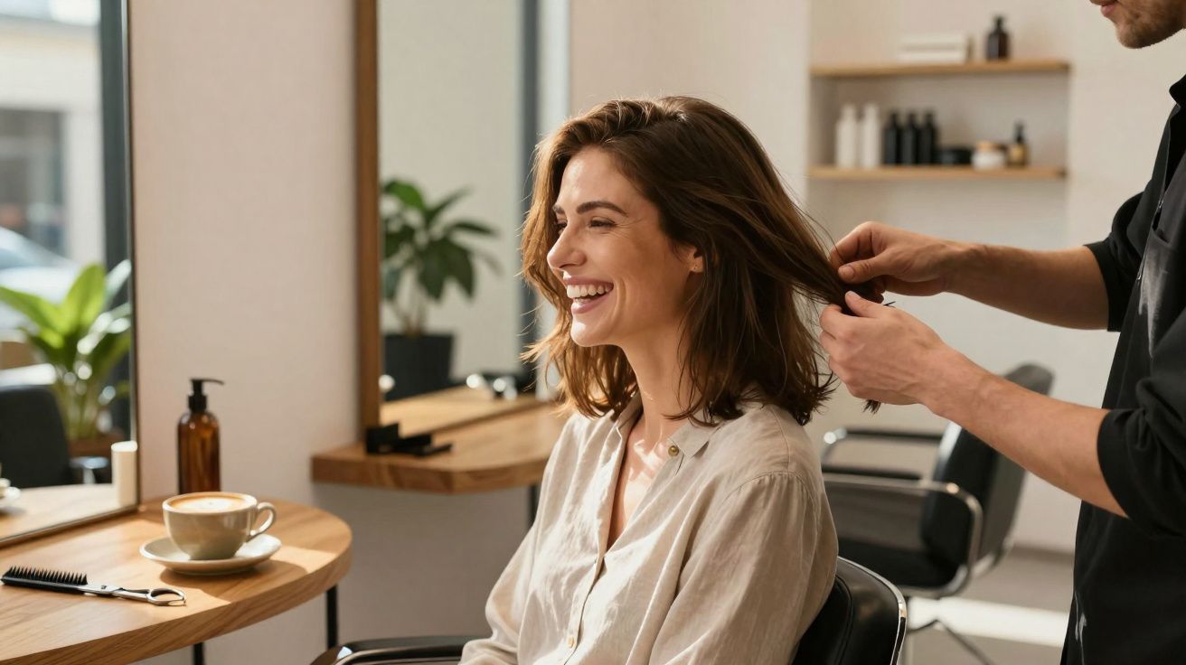 Mulher sorridente sentada em cadeira de salão enquanto cabeleireiro arruma seu cabelo castanho.