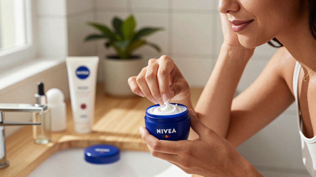 Mulher aplicando creme Nivea branco em pote azul no banheiro com planta ao fundo.