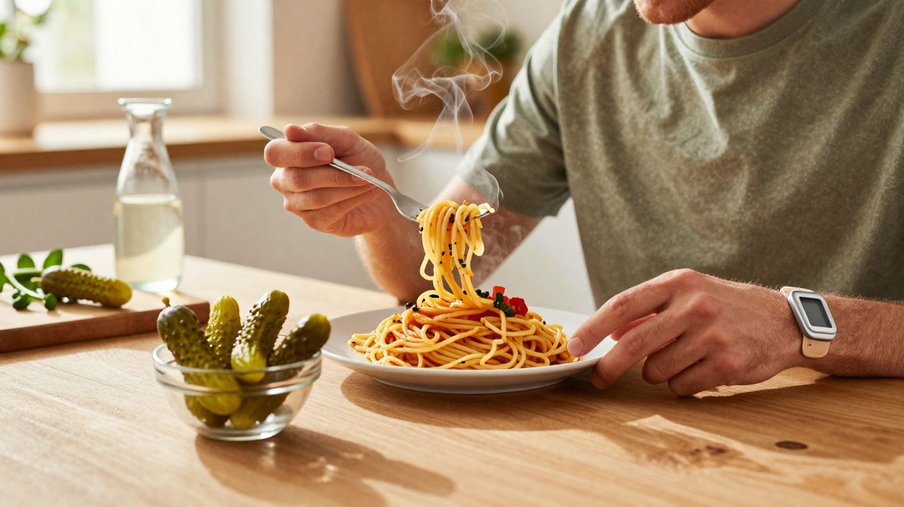 Pessoa comendo espaguete com molho de tomate em prato branco sobre mesa de madeira.