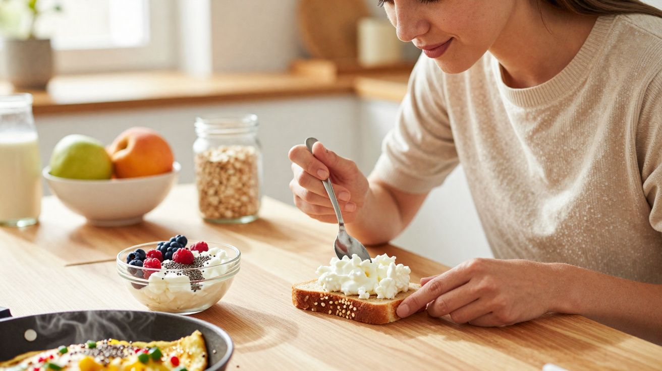 Mulher preparando pão com queijo cottage em cozinha, com ovos e frutas sobre mesa de madeira.