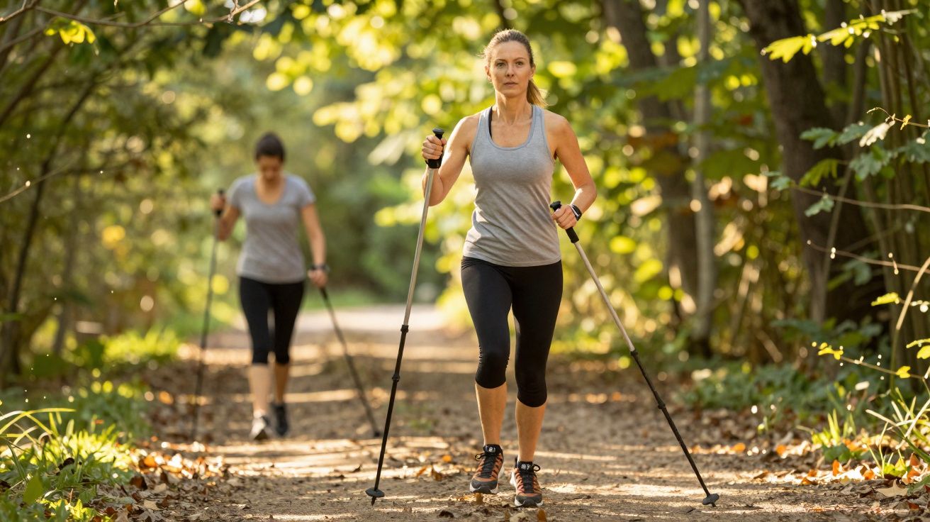 Duas mulheres caminhando com bastões em trilha de floresta iluminada pelo sol.