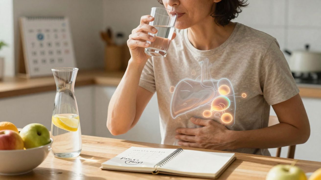Mulher bebendo água iluminada, com sobreposição gráfica de órgãos digestivos no peito, em cozinha clara.