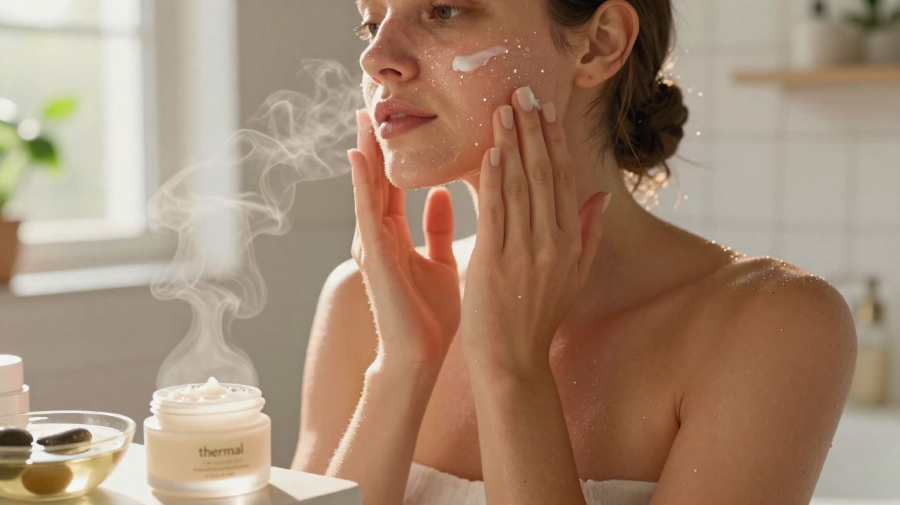 Mulher aplicando creme facial ao lado de pote com vapor em ambiente iluminado.