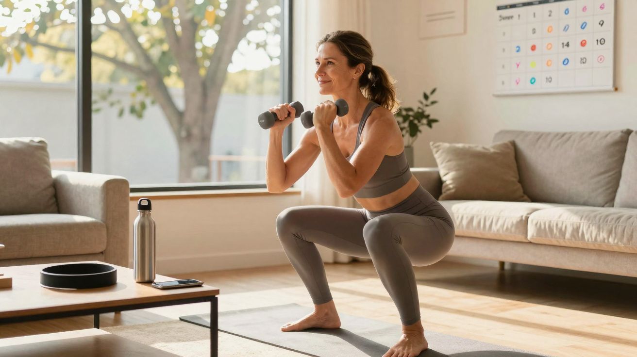 Mulher fazendo agachamento com halteres na sala iluminada e arejada em casa.
