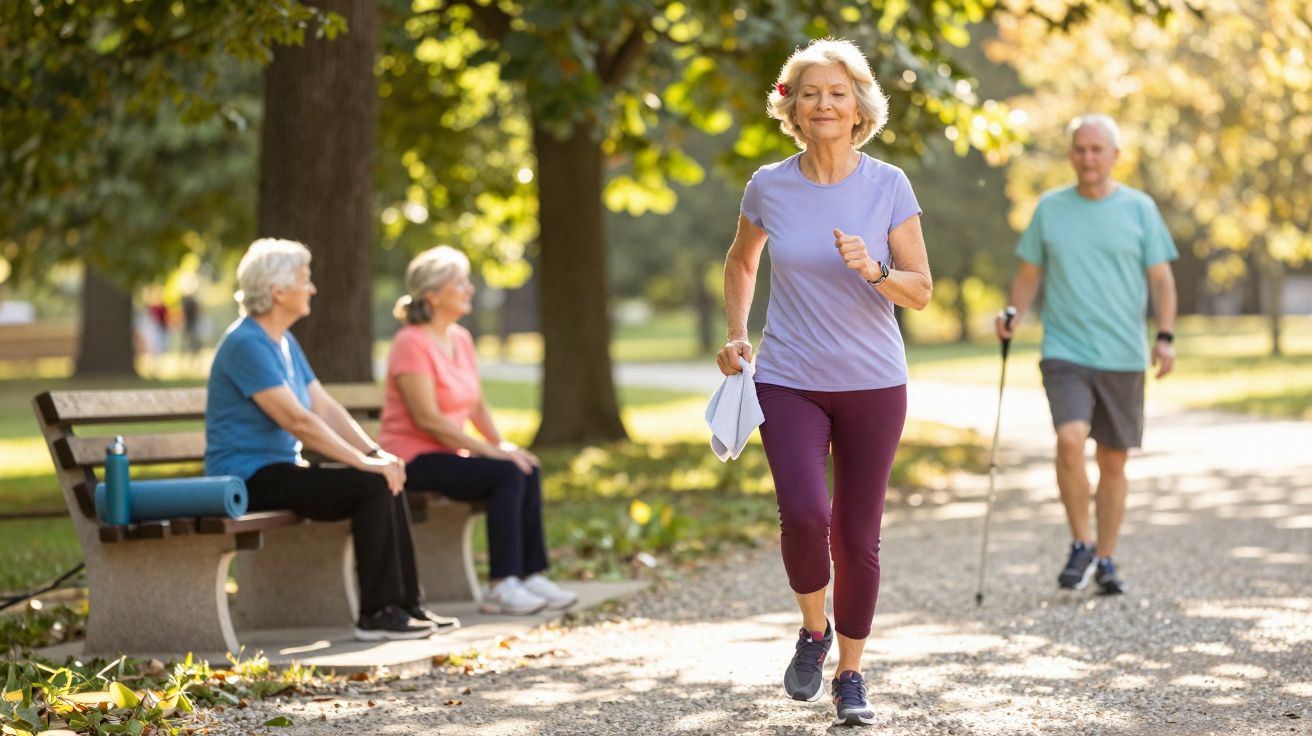 Idosos praticando exercícios ao ar livre em parque ensolarado com árvores e banco próximo.