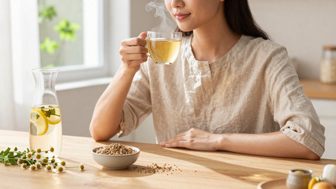 Mulher segurando xícara de chá quente sentada à mesa com flores e jarra de água com limão e hortelã.