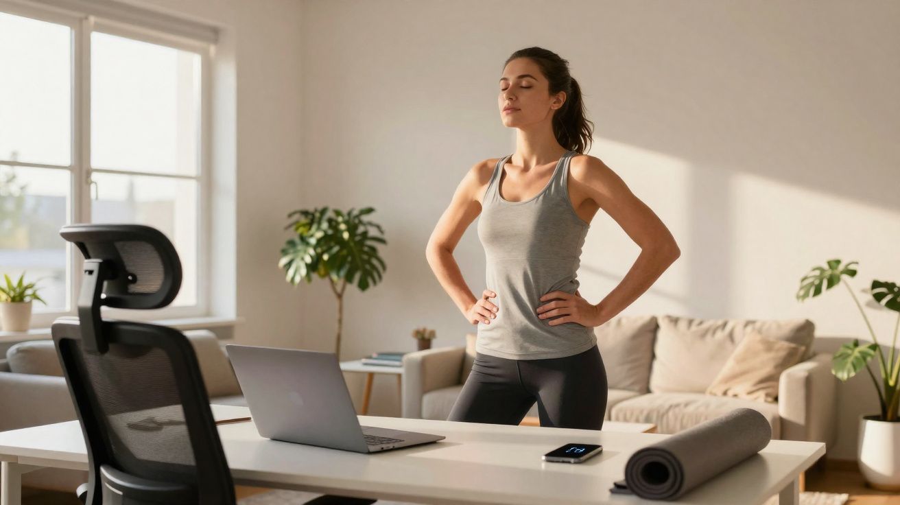 Mulher em roupa esportiva fazendo pausa para alongamento em escritóriio doméstico iluminado pelo sol.
